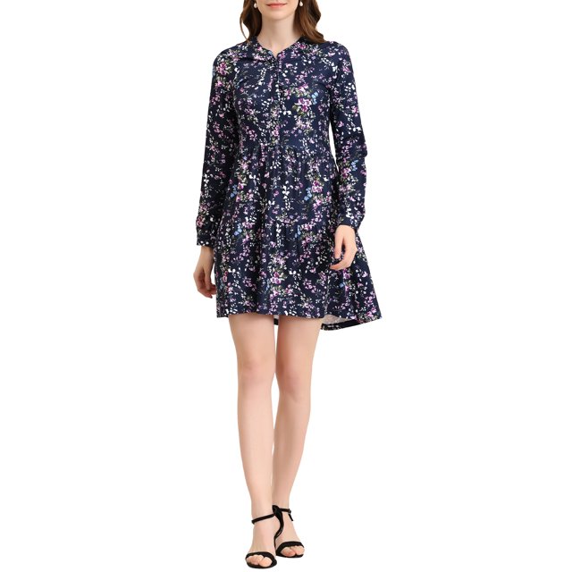 INSPIRE CHIC Robe Fleurie pour Femme à Col en V, Manches Longues, Taille Cintrée, Demi-Patte de Boutonnage, m Bleu Marine