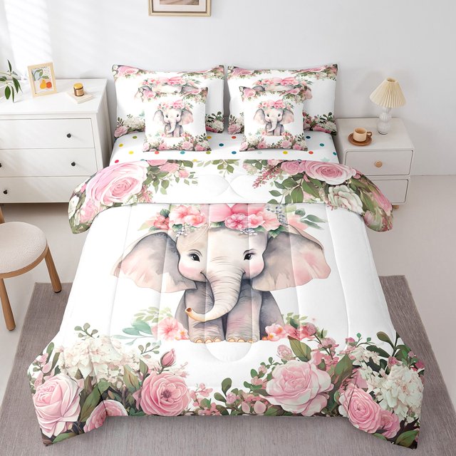 YST, Cute Elephant, Comforter Set, Floral, 7-Piece, Cherry Blossoms, Pink, Botanical, Queen Size