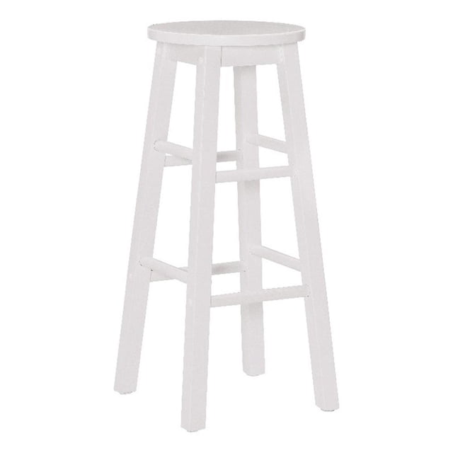Bowery Hill Modern / Contemporary Wood Round Bar Stool in White with a bright white painted finish, crafted from durable rubberwood. The stool features four tapered solid wood legs with foot rails for stability and comfort. Measuring 29 inches in height, it is ideal for bar seating or kitchen and dining areas, supporting up to 275 lbs. Often used as additional seating for home pub setups.