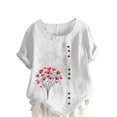 thumbnail image 2 of Économies d'Été! Horkkom Hauts Grande Taille pour Femmes Été Décontracté Chemises en Lin à Manches Courtes Col Rond Imprimé Floral Blouses Amples, 2 of 4