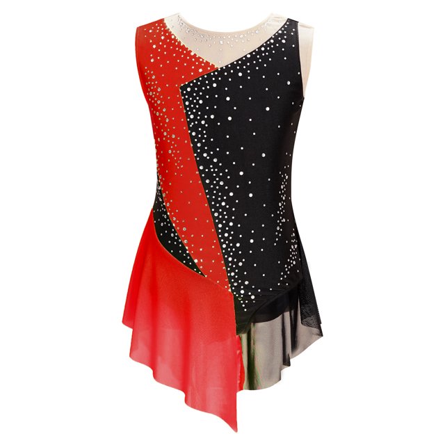 MSemis Kids Girls Shiny Diamond Color Block Mesh Splice Gymnastics Leotard Skating Jumpsuit Dance Red 14