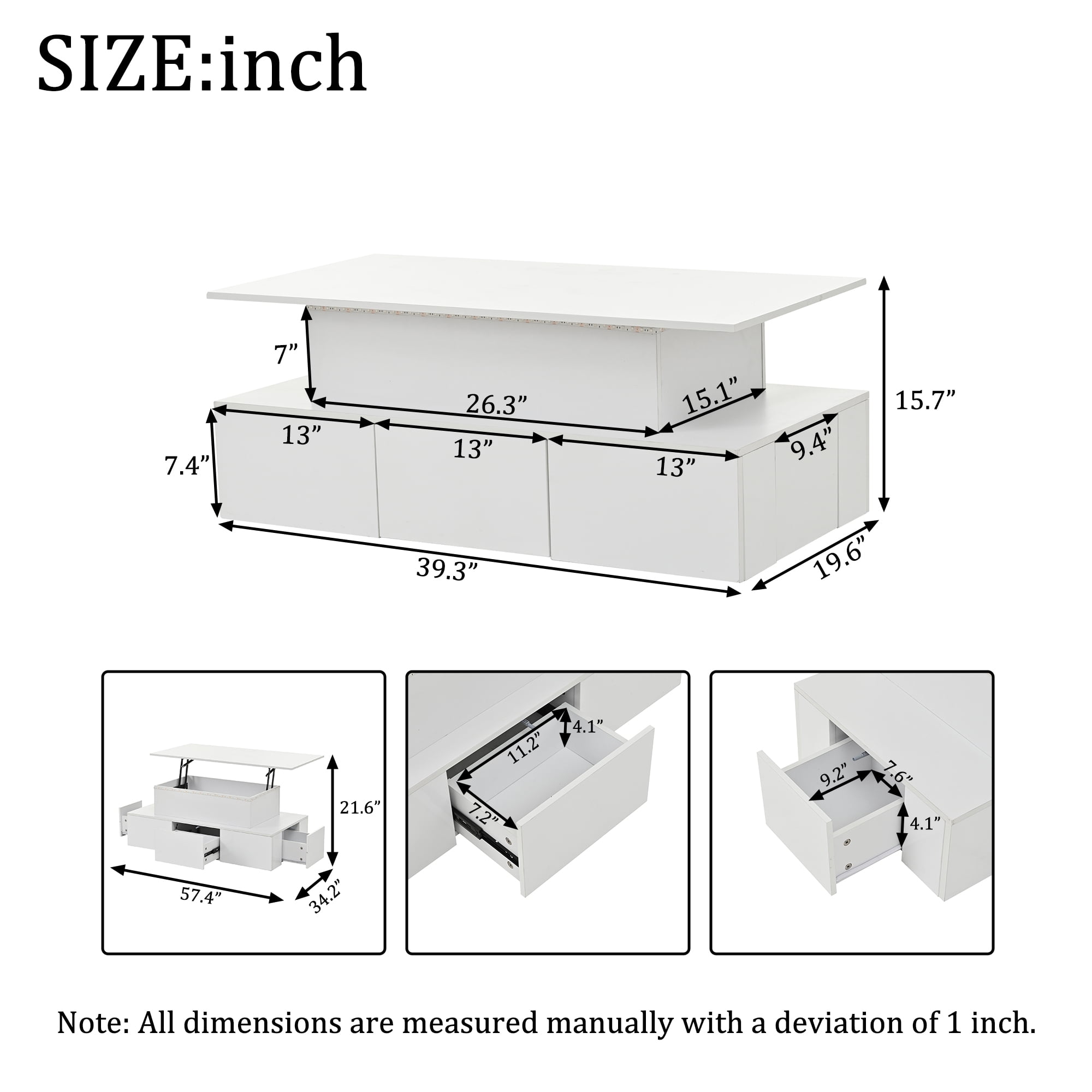 Homy Casa table basse blanche relevable avec 4 tiroirs, lumières LED et rangement caché pour salon