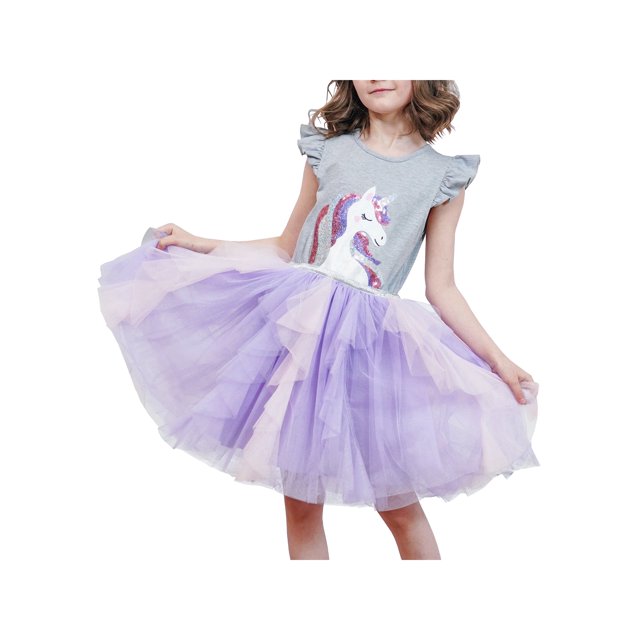 Girls Dress Gray Unicorn Embroidered Purple Pleated Tulle Birthday Party 4 Years