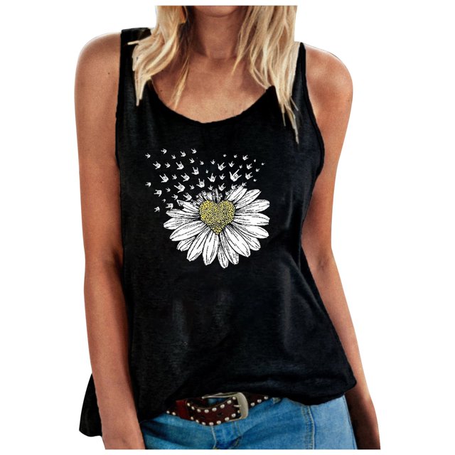 Pompotops Camisole Décontractée Ample à Col Rond pour Femme avec Imprimé Cœur et Tournesol