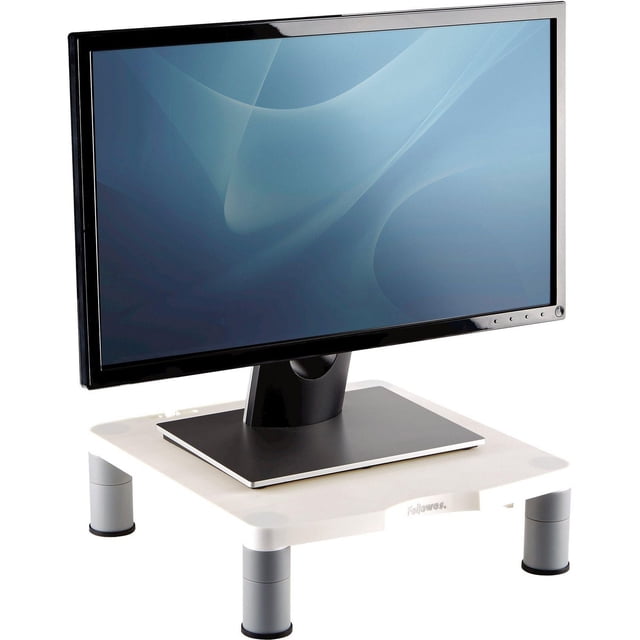 Fellowes® Standard Rehausseur d'Écran en Blanc avec Colonnes Empilables Ajustables Argentées Prenant en Charge un Moniteur à Écran Plat Noir, Vue Orientée vers l'Avant sur Fond Blanc, Offrant un Soutien Ergonomique avec Trois Réglages de Hauteur de 2 à 4 Pouces et une Gestion Intégrée du Cordon pour Réduire la Tension au Cou.
