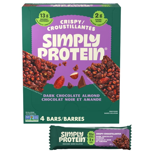 SimplyProtein Barres Collation au Chocolat Noir et aux Amandes en Boîte et Emballage de Barre Unique Vert et Violet, Mettant en Vedette des Barres de Chocolat Noir aux Amandes Croustillantes avec des Amandes Entières et des Morceaux de Chocolat, Contenant 13 g de Protéines et 2 g de Sucre par Barre de 40 g, à Base de Plantes, Sans Gluten et Vérifié non-OGM, Convient à une option de Collation Nutritive et Faible en Sucre.