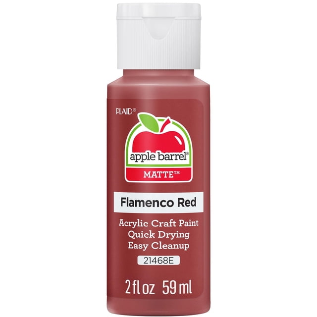 Apple Barrel Colors Matte Acrylic Craft Paint Flamenco Red, 2 fl. oz. bottle with white flip-top cap, quick-drying and easy cleanup, suitable for basecoating, stenciling, and use on wood, paper, and canvas.