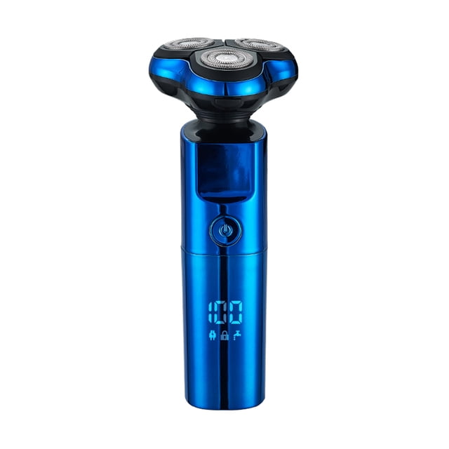 Men's Electric Shaver with 3 Floating Blades in blue, featuring an LED battery display and a 100% waterproof washable head. The shaver includes a 600mAh rechargeable battery, offering up to 1 hour of use after a 1-hour charge. It supports USB charging and plug-in use functionality. The compact design measures approximately 14.9 x 3.3 x 3.3 cm and weighs 138g. Accessories include a razor head cover, charging cable, cleaning brush, and user manual.