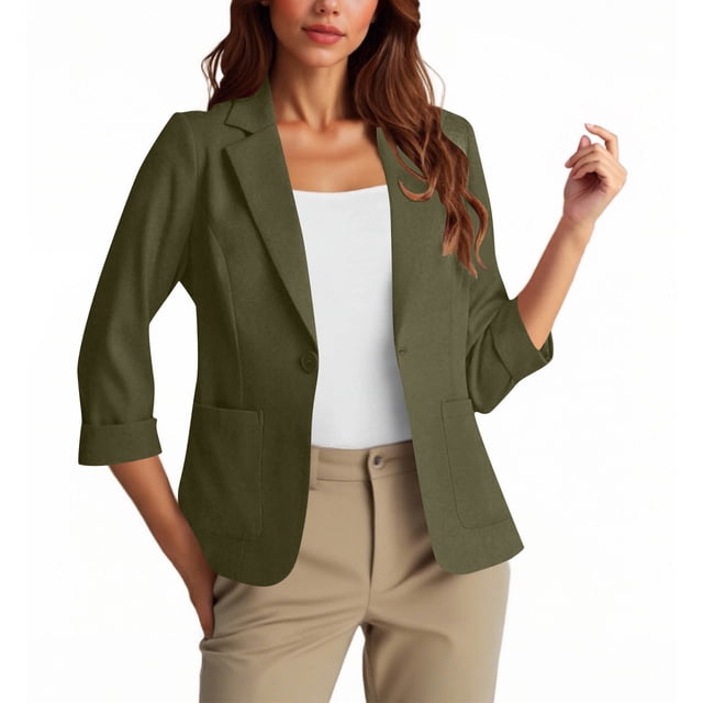 HongQid Blazer Décontracté pour Femmes à un Bouton devant, Manches 3/4 Froncées, Col Cranté, Léger pour Bureau avec Poches