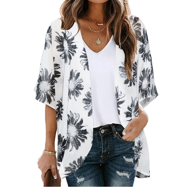TIMIFIS Womens Floral Chiffon Kimono Cardigans Loose Beach Cover Up Half Sleeve Tops-White-MFall