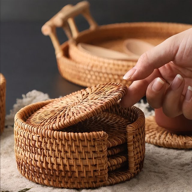 Ruiboury 6x Woven Coaster Set Natural Elegance For Table Setting Anti-scalding Braided Coasters For Drinks Style 2 Diameter 8cm