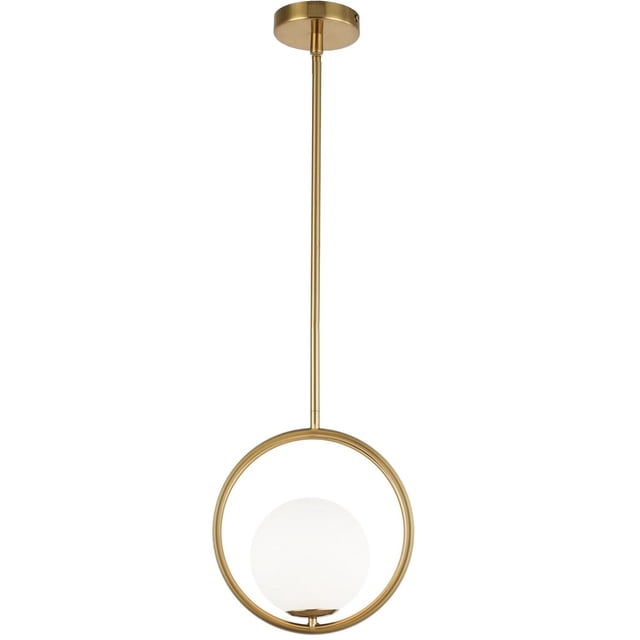 Dainolite ADR-101P-AGB Suspension avec un Cadre Circulaire en Métal en Laiton Vieilli Enveloppant une Lumière globe en Verre Blanc, Suspendue à une Tige en Laiton et Fixée au Plafond, compatible avec les DEL et à Intensité Réglable, Idéale pour Cuisines, Salles à Manger Ou foyers, Convient Aussi comme Éclairage d'Accent Élégant.