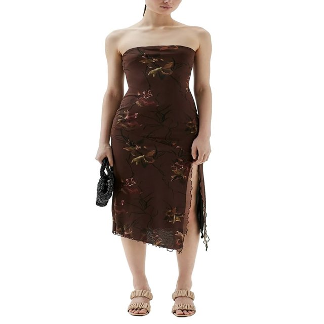 CNKOO Robe en Maille Florale pour Femmes, Dos Nu, Sans Bretelles, Fendue, Robe de Soirée