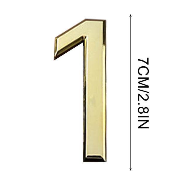 Gold modern house number in the shape of the digit '1', measuring 7 cm (2.8 inches) in height. Made of durable metal with a polished gold finish, it features a self-adhesive backing for easy installation. Designed for outdoor or indoor use, suitable for mailboxes, doors, or address signs.