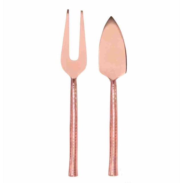 Stylex Fourchette et Quartier à Fromage en Cuivre Martelé de Carrière avec Fourchette et Quartier en Acier Inoxydable Plaqué Cuivre avec Poignées Texturées Martelées, Sans Plomb et Sécuritaire pour les Aliments, Idéal pour Servir le Fromage et Convient comme Ensemble d'Apéritif Élégant.