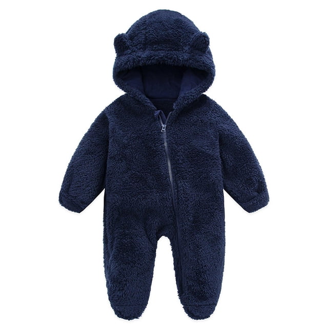 AherBiu Baby Girls Clothes Newborn Jumpsuits Hooded Fleece Zip up Infant Rompers Fall Winter Fuzzy Solid Color Bodysuits