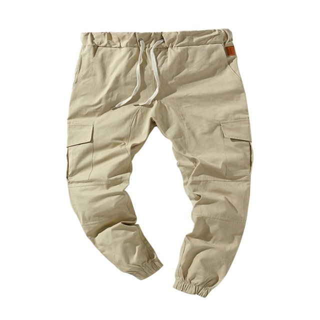Men Solid Color Cargo Trousers Loose Fit Drawstring Waist Long Pants in khaki color. Features a casual style with multiple pockets, elastic cuffs, and a drawstring waistband. Made from a cotton blend, suitable for spring and autumn casual or sportswear.