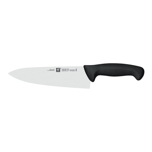 ZWILLING TWIN Master 8 inch Chef's Knife in black, featuring a precision-stamped high carbon NO STAIN stainless steel blade and ergonomic non-slip synthetic resin handle. Ideal for professional kitchens, this chef's knife excels in chopping, slicing, and dicing tasks. Often used for preparing large quantities of meat and vegetables efficiently.