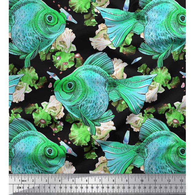 Soimoi Polyester Crepe Fabric Fish Ocean Print Fabric by Yard 42 Inch Wide