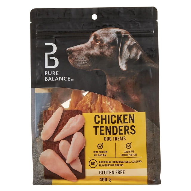Pure Balance Chicken Tenders dog treats 400g resealable bag showing a black dog profile and visible soft chicken tender treats inside, made with real chicken breast, gluten free, low fat, and high protein, ideal as chewy rewards for dogs.