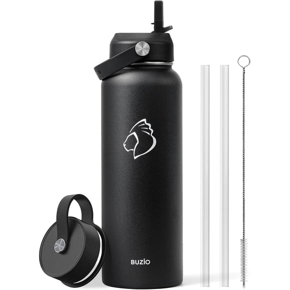 BUZIO 40oz Reusable Stainless Steel Water Bottle, Vacuum Insulated, Wide Mouth Sports Bottle with Straw Lid, BPA Free