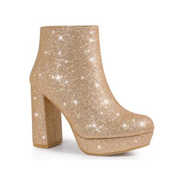 BLISSFUL STEP Women's Ankle Boots Sparkly Glitter Chunky Heel Platform Side Zipper Booties Rose Gold 7