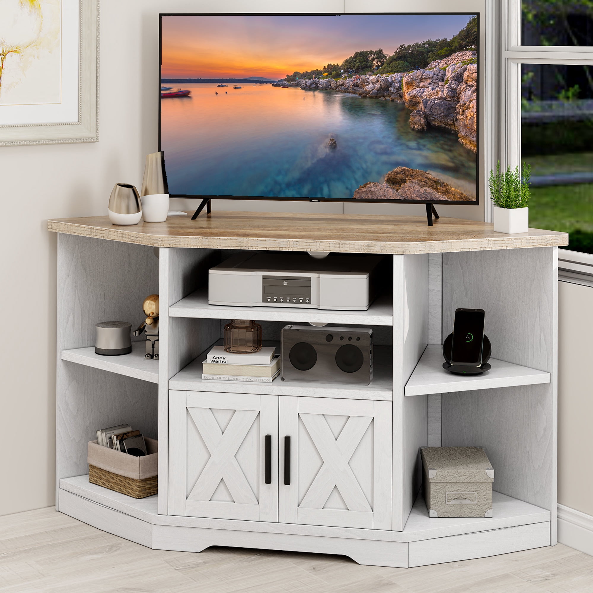 DEXTRUS 47.2" Corner TV Stand Fits TVs up to 55 inch, Corner Media Console with Power Outlets and Storage Cabinet, Entertainment Center, White