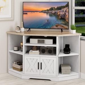 DEXTRUS 47.2" Corner TV Stand Fits TVs up to 55 inch, Corner Media Console with Power Outlets and Storage Cabinet, Entertainment Center, White