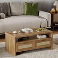 thumbnail image 4 of BeesClover 40” Boho Coffee Table with Storage,Modern Rattan Console Table with Drawers and Open Shelf, 2 Tiers Wooden Center Coffee Table for Living Room/Apartment/Farmhouse/Bedroom/Small Place(Oak), 4 of 9