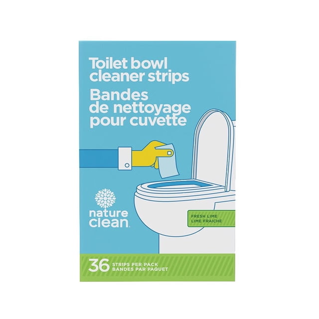 Nature Clean Toilet Bowl Cleaner Strips in fresh lime scent, shown on a blue box with English and French text, an illustration of a hand dropping a strip into a toilet bowl, and a green label indicating 36 strips per pack for eco-friendly bathroom cleaning.