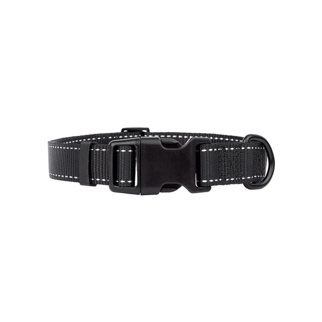 One Paw Webbing Collar for Dogs in black with white stitching, made from durable moisture-resistant webbing, featuring a plastic side-release buckle and reinforced stainless-steel D-ring for leash attachment, displayed front-facing on a white background.
