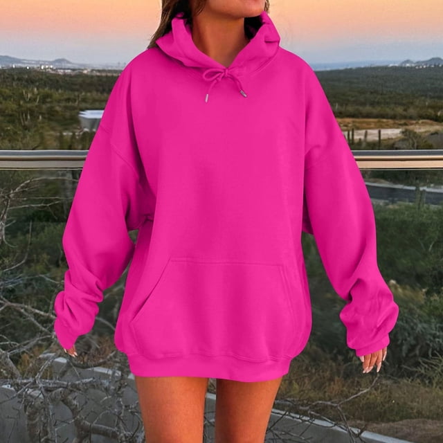 IMENGL Oversized Winter cotton hooded pullover sweatshirt, Pink L, Size M-5XL