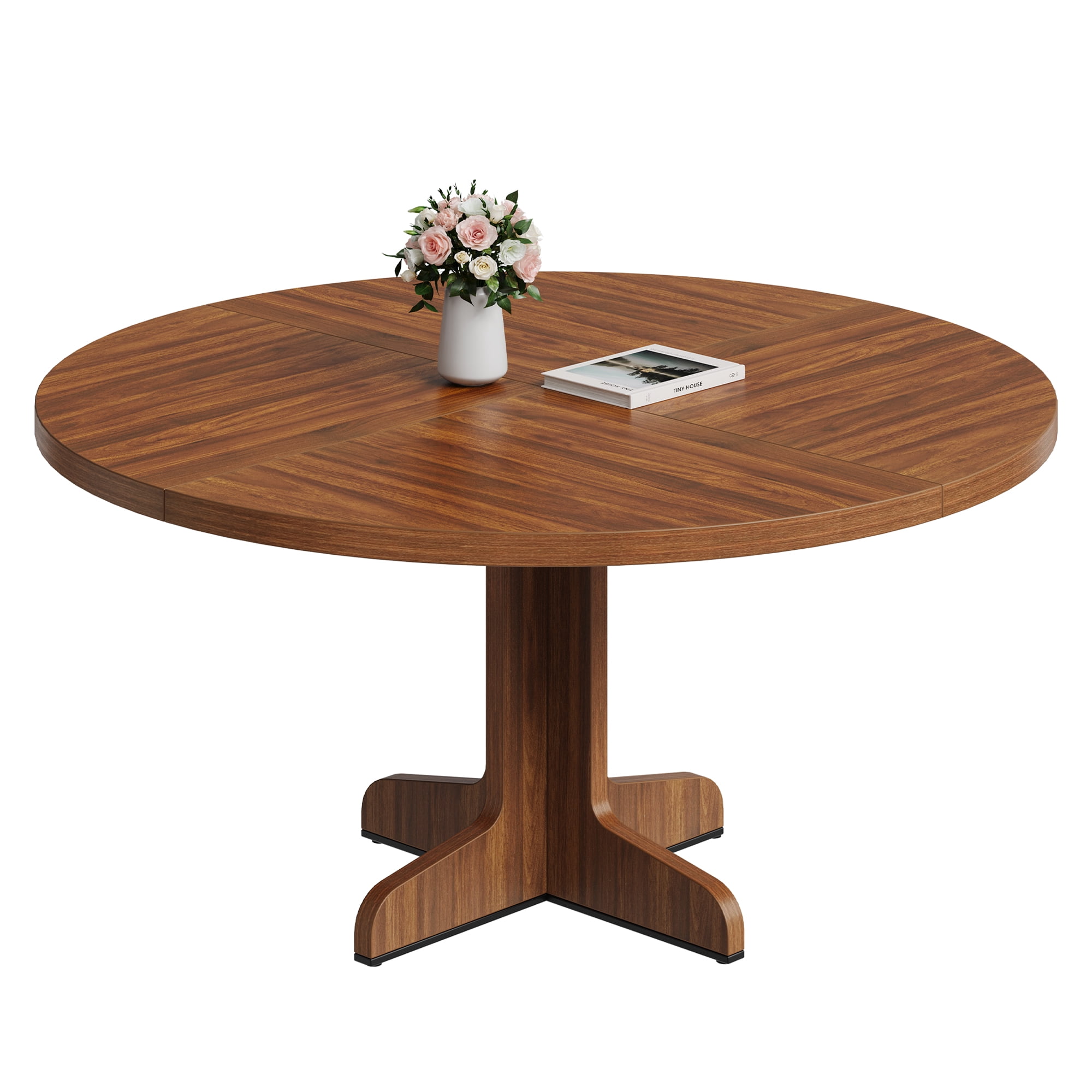47" Round Dining Table for 4-6, Farmhouse Circle Kitchen Table with Sturdy Wooden Base, for Dining Room, Kitchen, Apartment, Living Room, Walnut