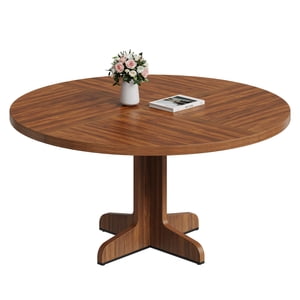47" Round Dining Table for 4-6, Farmhouse Circle Kitchen Table with Sturdy Wooden Base, for Dining Room, Kitchen, Apartment, Living Room, Walnut