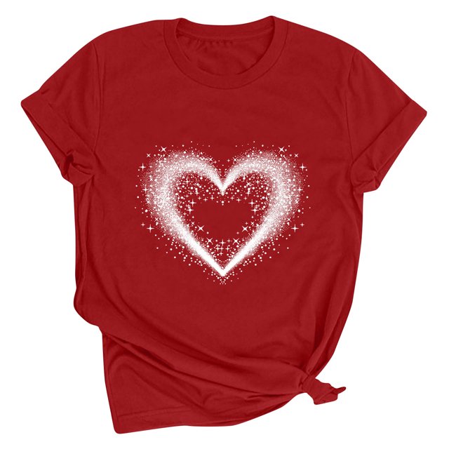 Meichang Chandails de la Saint-Valentin pour Femmes, T-Shirts Graphiques Mignons avec Cœur d'Amour, T-Shirts Décontractés à Manches Courtes, Hauts Tee à Col Rond, Coupe Ample, Chemisiers de la Saint-Valentin