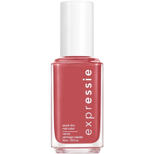 essie expessie quick-dry nail polish in a muted rose shade in a clear rectangular glass bottle with a white cap, featuring quick dry formula text and the brand name, designed for fast drying nail care and easy self-application with the patented angled brush.