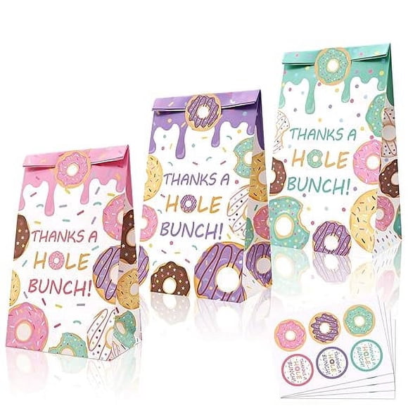 Levfla 24 Pcs Sacs de Bonbons Beignets Sacs à Surprises Merci un Trou Autocollants Bouquet Beignet Sucré Idées de Faveurs Fournitures de Décoration pour Fête d'Anniversaire d'Enfants