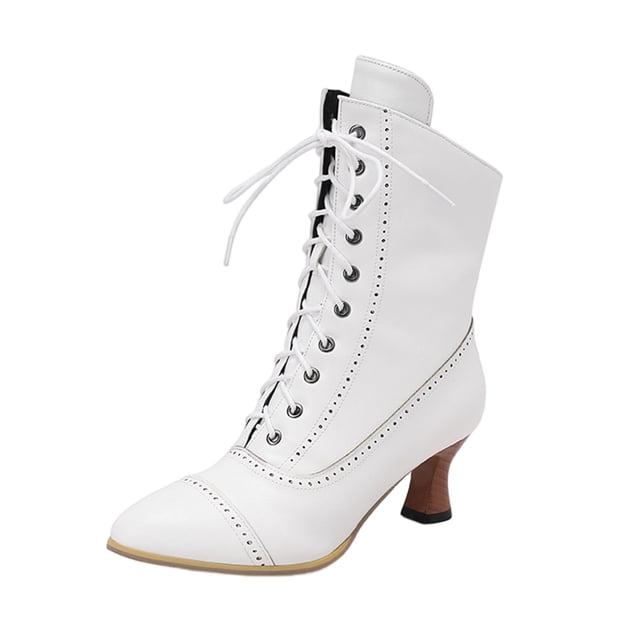 B91xZ Bottes de Combat Femmes Mode Talon Bas Fermeture Éclair Bottes Plissées Mi-Mollet Chaussures, Blanc 9