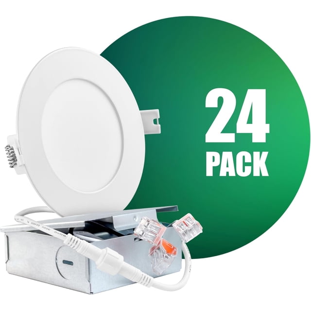 QPLUS 4Inch LED Recessed Slim Pot Light with Junction Box, 10W (=75W), 750 Lumens, Dimmable, IC Rated, ETL, Energy Star (5000K, 24 Pack)