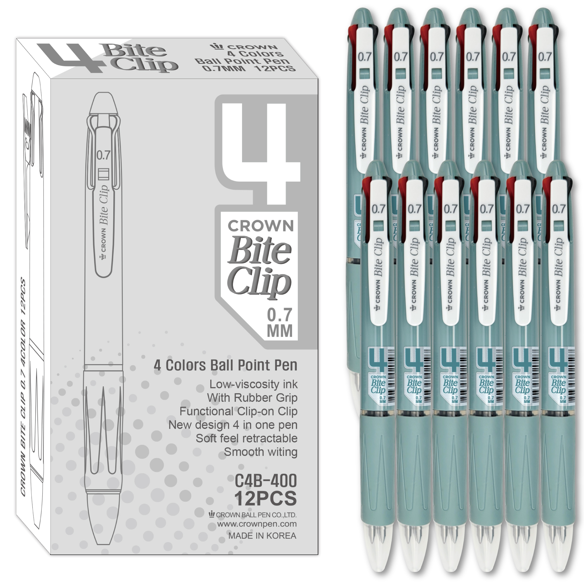 [Crown] Bite Clip 0.7mm 4-Color Ball Point Pens, Peacook Green Body, 12 Count