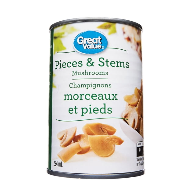 Great Value Pieces And Stems Mushrooms 284 mL can showing sliced mushroom pieces and stems on the label, suitable for shelf storage in canned vegetables and pantry food, often used in cooking sauces and soups.