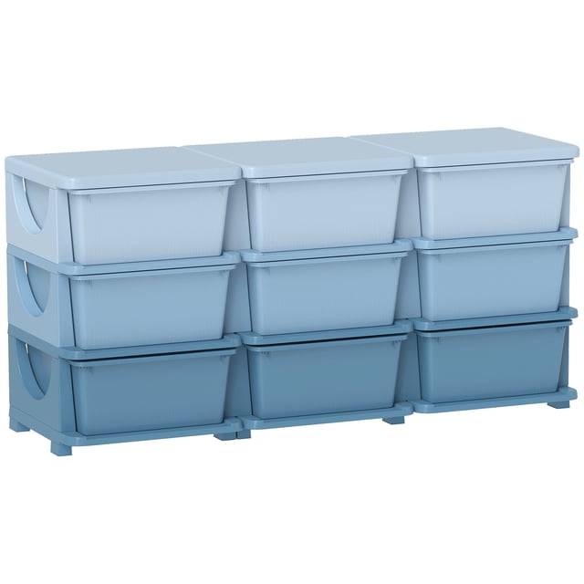 Qaba Organisateur de Jouets pour Enfants à 3 Niveaux avec 9 Bacs de Rangement en Plastique, Bleu
