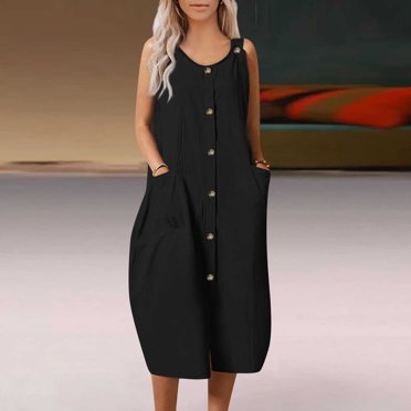 Jsaierl Robe Midi d'Été Décontractée Sans Manches en Coton et Lin pour Femme, Élégante, Couleur Unie, Col Ras du Cou, Respirante, Fraîche, avec Boutons, 2024