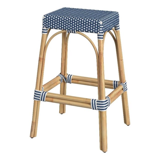 Butler Specialty Company Robias Rectangular Rattan 30" Bar Stool - Blue & White