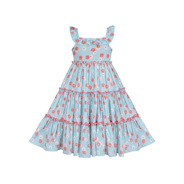 Girls Dress Blue Cotton Flower Square Collar A Line Ruffle Flare Short Sleeve 3 Years