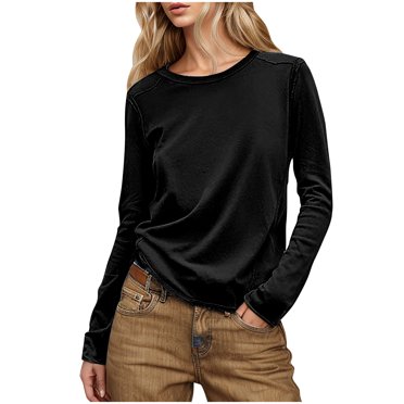 Plebaso T-Shirts à Manches Longues à Col Rond pour Femmes, Hauts Décontractés de Couleur Unie, Chandail d'Été, T-Shirt Basique pour Femmes