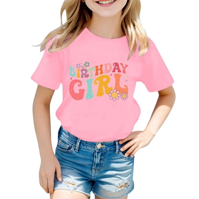 LUOGENLI T-Shirt pour Filles Filles Mode Décontractée Lettre Col Rond Manches Courtes T-Shirt Haut 5 Maxi Chemises pour Filles 2025 Villégiature 3-4 Ans