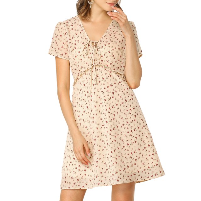 INSPIRE CHIC Robe Trapèze à Fleurs pour Femme, Col en V à Nouer, Manches Courtes, Volants