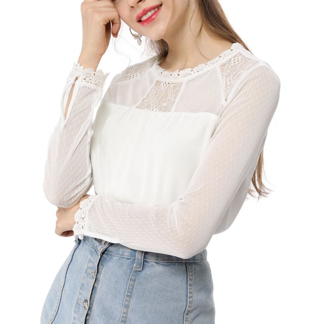 INSPIRE CHIC Blouses Décontractées pour Femmes à Col Rond en Dentelle Florale à Manches Longues en Chiffon