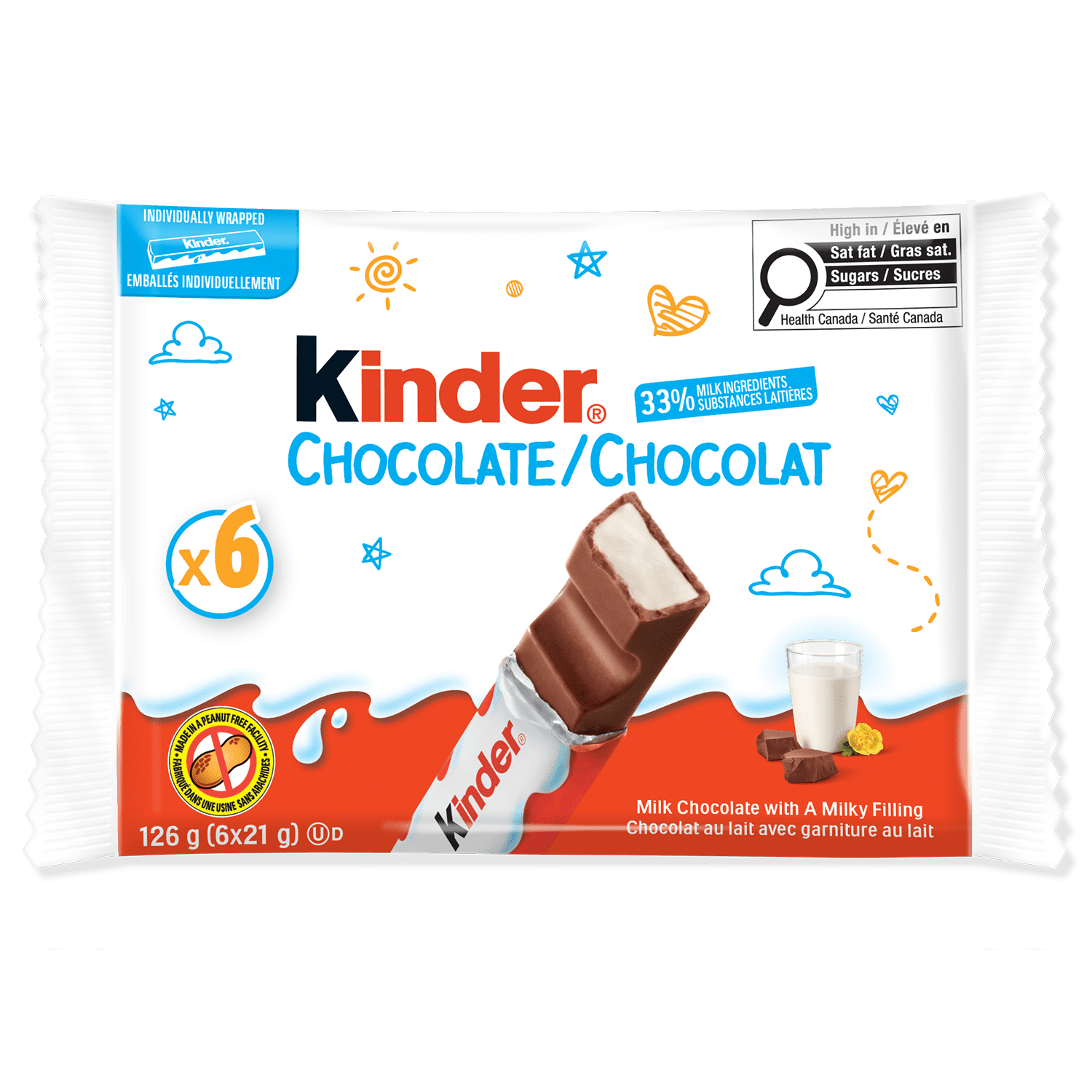 KINDER CHOCOLATE/CHOCOLAT Milk Chocolate Bar With A Milky Filling, 6 Individually Wrapped Bars Per Pack, 126 g